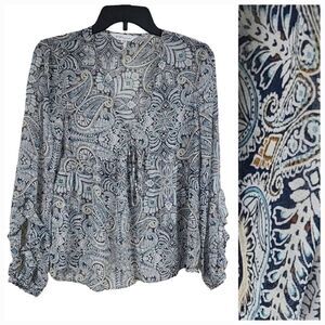 BCBGeneration Women's Sheer Blue Paisley Babydoll Top Long Ruffle Sleeve Blouse